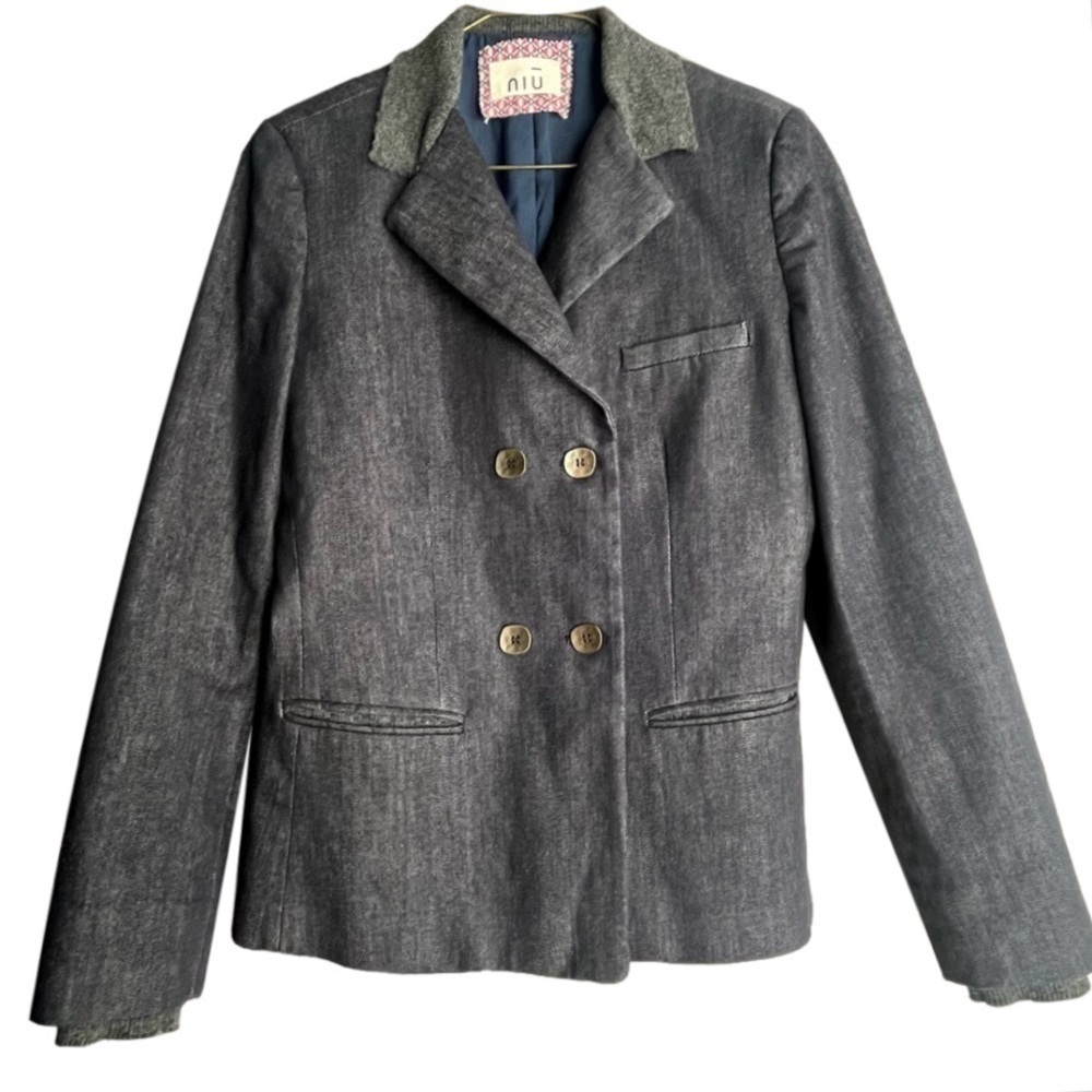 NIU Double Breasted Denim Blazer Jacket With Ribbed Knit Collar Dark Wash Size S